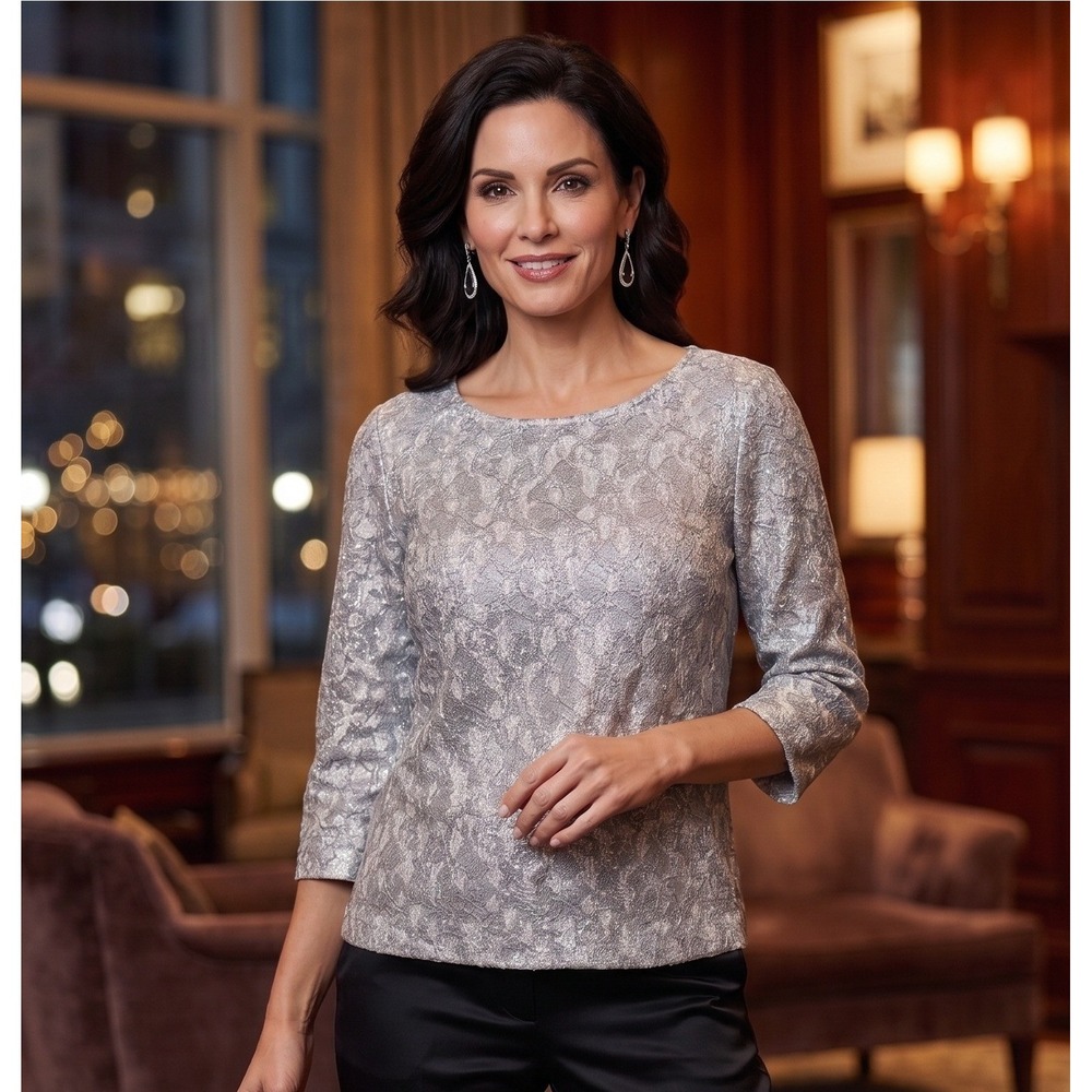 Banana Republic Silver Metallic Lace 3/4 Sleeve Sweater Top Scoop Neck Small